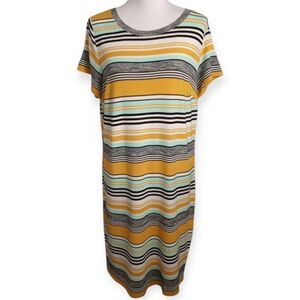 AVA & VIV YELLOW, GRAY, & MINT STRIPE T-SHIRT DRESS SZ.X